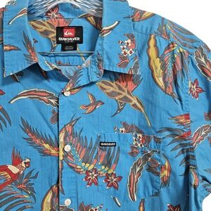 Quiksilver Shirt Mens Large Blue Tropical Parrot Print Button Down Surf Tropical